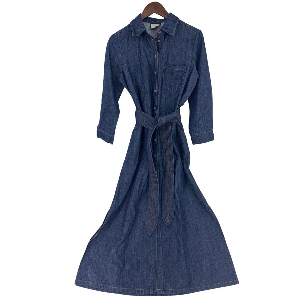 Tuckernuck Denim Chessie Midi Shirt Dress Belted Long Sleeve Dark Wash Size S - Picture 3 of 15